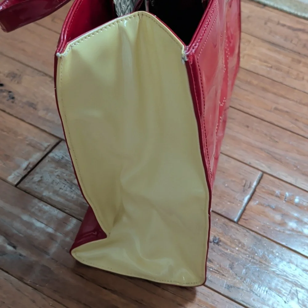Tory Burch Ella Patent Red Yellow Perforated Tote Bag NEEDS WORK